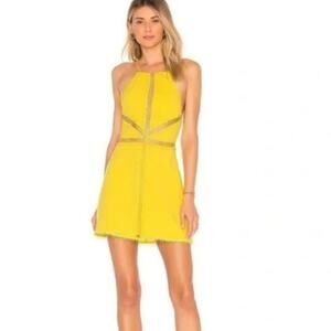NBD Revolve Chels Halter Lace-Up Back Mini Dress Yellow Lattice Cutout S NWT